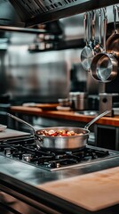 A vibrant flame dances beneath a metal pot on a gas stove, as a person prepares a meal in a bright kitchen filled with natural light and wooden accents