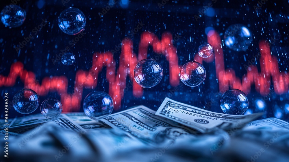Poster money inside bubbles floating in front of a stormy financial stock market graph large space for text