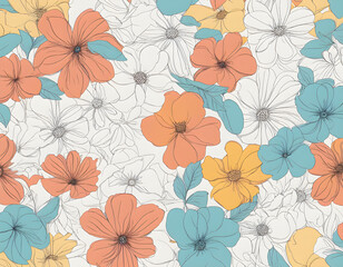 One line Art Flowers Design Seamless Background