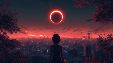 Naklejka premium anime concept sky sunset landscape background eclipse, ai. anime illustrations
