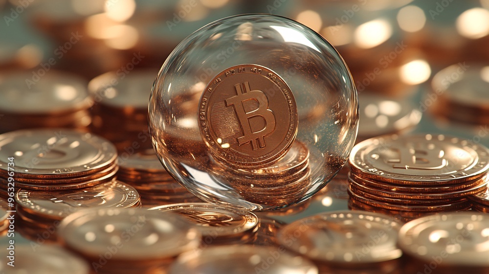Aufkleber coins inside delicate bubbles floating in front of financial market uncertainty large space for text