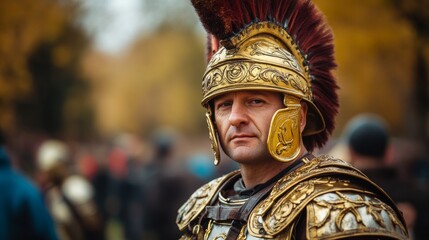 Roman legionary soldier wearing golden lorica segmentata and helmet posing outdoors
