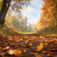 Woodland path, covered in colorful autumn leaves, 3D illustration, copy space for text,