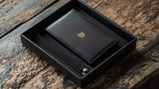 Luxurious monogrammed leather wallet presented in a stylish gift box, showcasing the personalized initials embossed in gold detail, perfect for a special occasion.