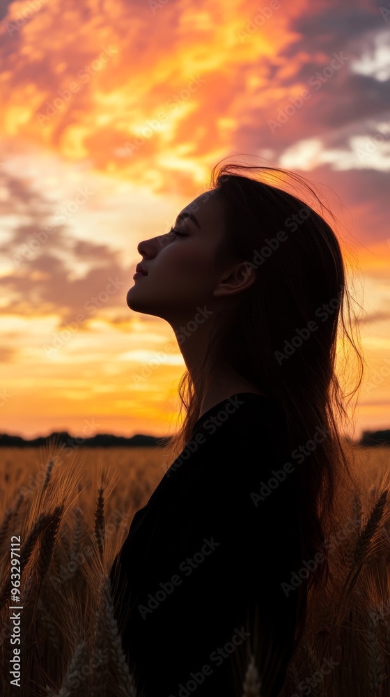 Poster Young woman enjoying sunset in wheat field