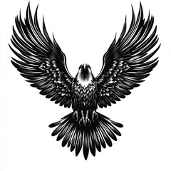 Obraz premium A detailed black and white illustration of an eagle with wings spread wide, suitable for tattoos, logos, or design projects requiring powerful symbolism and intricate art,