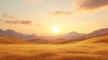 Obraz premium Sun setting over an autumn landscape, golden hues, 3D illustration, copy space for text,