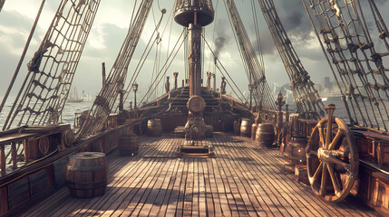 Fototapeta premium Outside of pirate old ship. daylight view of ship background. 3d illustration of deck of a pirate ship. mixed media. Pirate. Illustration