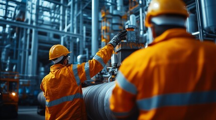 Two industrial workers in safety gear inspect a pipeline at a refinery.