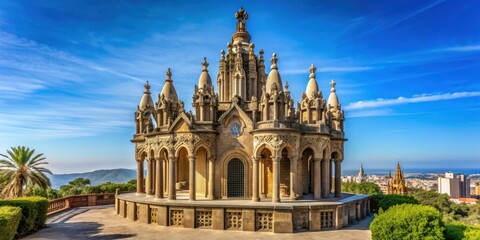Fototapeta premium Ancient stone temple in Barcelona with intricate architecture against a clear blue sky, architecture, building, temple, ancient