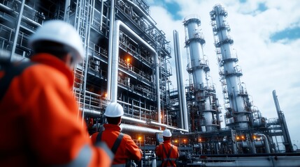 Fototapeta premium Workers in hard hats stand in front of a large industrial complex with tall smokestacks.