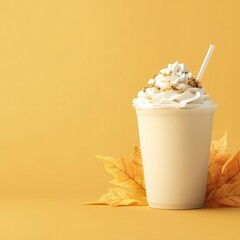 Pumpkin spice latte, with a fall leaf design, 3D illustration, copy space for text,