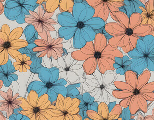 One line Art Flowers Design Seamless Background