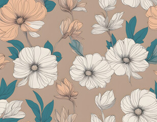 One line Art Flowers Design Seamless Background