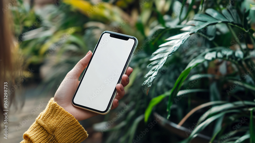 Poster woman displaying a smartphone with a white screen in a greenhouse, ideal for mockups and presenting 