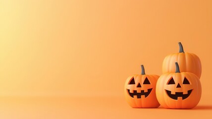 Halloween pumpkins, carved with faces, 3D illustration, copy space for text,
