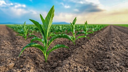 Close-up of healthy green plant sprouting in fertile soil under a bright sky, symbolizing growth and new beginnings.