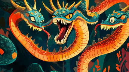 Playful hydra - a cartoonish twist on the multiheaded serpent of greek mythology with whimsical personalities illustrated. Hydra. Illustration
