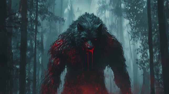 Portrait of a werewolf man in blood in forest. generative ai illustration. Werewolf. Illustration