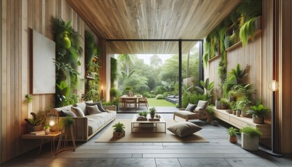 Fototapeta premium Contemporary Living Room with Abundant Green Plants, Vertical Garden Wall, and Cozy Wooden Furniture Creating a Tranquil Urban Oasis