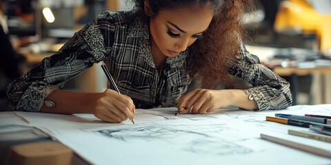 Diligent Designer: A woman in a fashionable outfit, carefully sketching clothing designs on a drafting table.