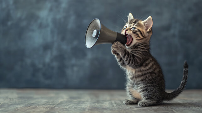 Small tabby kitten standing on its hind legs and meowing loudly into a megaphone