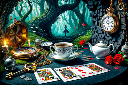 Alice falls down a rabbit hole surrounded by floating cards, coins, clocks and books in a wonderland