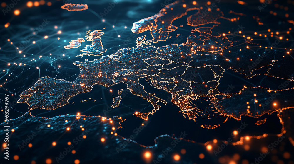 Aufkleber europe map showing internet connections with glowing lines, representing communication, technology a