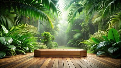 Fototapeta premium Wooden floor podium surrounded by lush tropical leaves in a serene forest setting, podium, wooden, floor