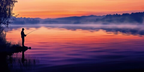 Silhouette of Fisherman Casting Line at Sunset Over Serene Lake. Anime style
