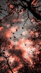 Lake with trees,scattered leaves, sunset in background,hopelessness aesthetic,copy space,banner.