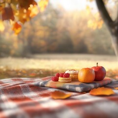 Autumn picnic, plaid blanket and seasonal treats, 3D illustration, copy space for text,