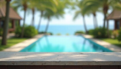 Plakat Cement counter top There is a view of the swimming pool and sea in the background of the resort. A blurry garden of trees is visible. of decorative design ideas