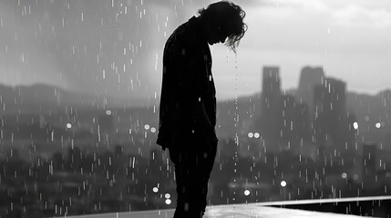 The outdoor setting and the man’s posture evoke emotions of stress, sadness, or contemplation, giving a somber tone to the scene, psychology concept