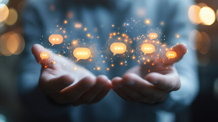 Businessman delivering illuminated speech bubbles, representing digital age communication and global connectivity
