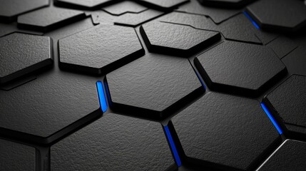 Modern hexagonal black geometric pattern with blue highlights for technology backgrounds