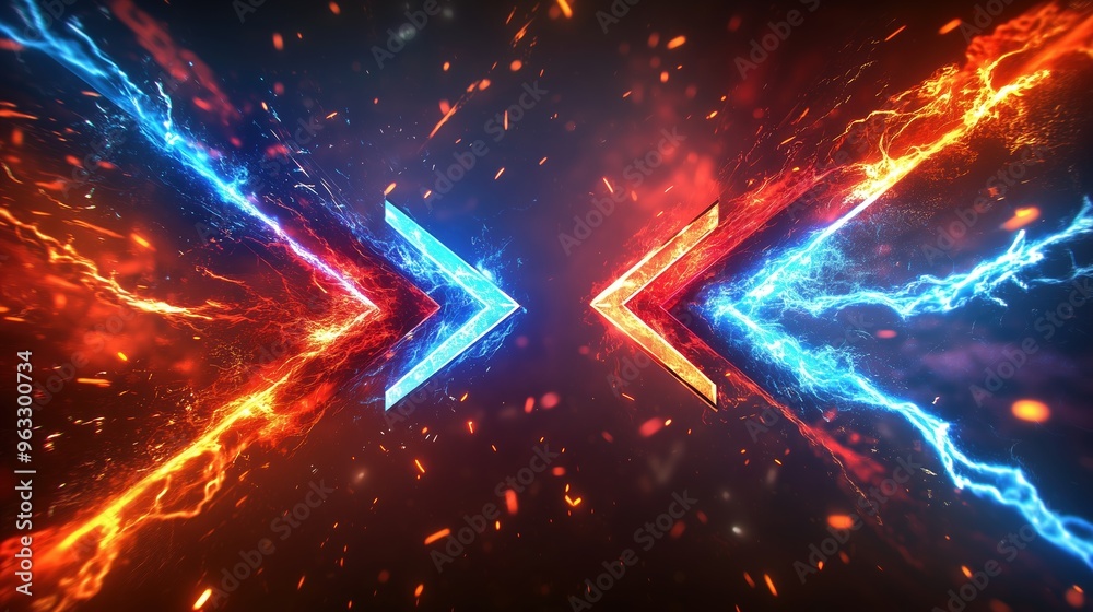 Poster high-resolution 3d rendering of two colliding arrows, one red and one blue, surrounded by glowing ne