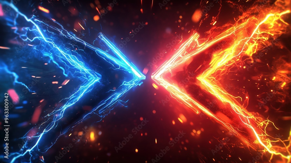 Poster high-resolution 3d rendering of two colliding arrows, one red and one blue, surrounded by glowing ne