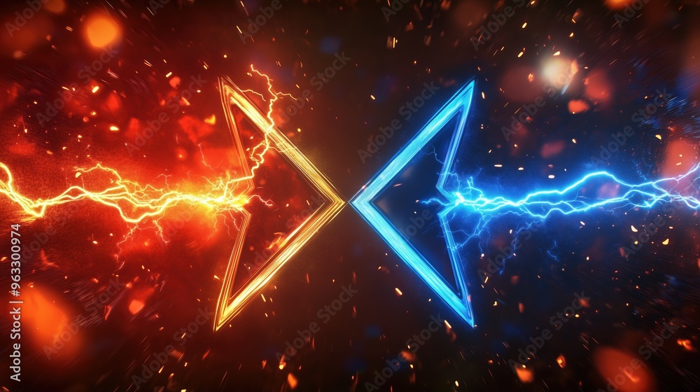 Poster high-resolution 3d rendering of two colliding arrows, one red and one blue, surrounded by glowing ne