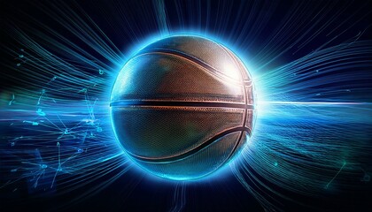 Obraz premium digital hologram basket ball with glowing data streams