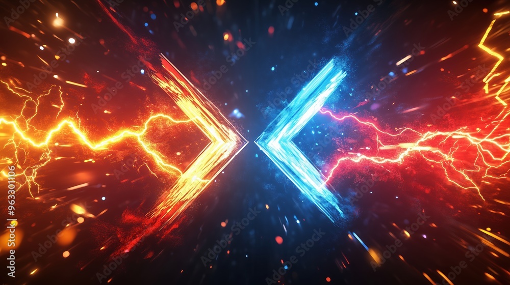 Poster High-resolution 3D rendering of two colliding arrows, one red and one blue, surrounded by glowing neon lights and energy sparks. The abstract background illustrates a powerful clash of forces, with li