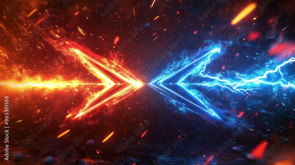 Poster High-resolution 3D rendering of two colliding arrows, one red and one blue, surrounded by glowing neon lights and energy sparks. The abstract background illustrates a powerful clash of forces, with li