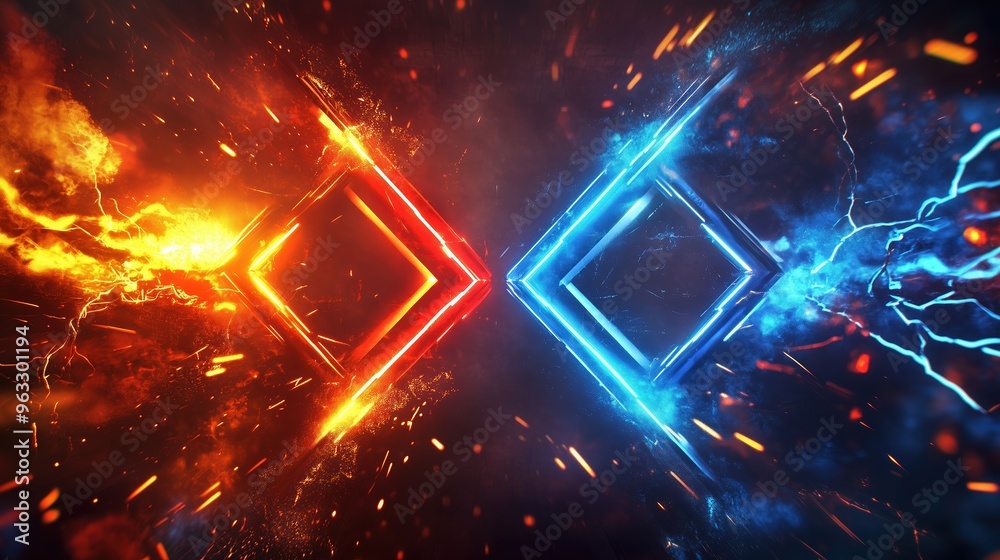 Poster High-resolution 3D rendering of two colliding arrows, one red and one blue, surrounded by glowing neon lights and energy sparks. The abstract background illustrates a powerful clash of forces, with li