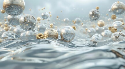 white spheres and gold balls floating in water with waves on a blur background