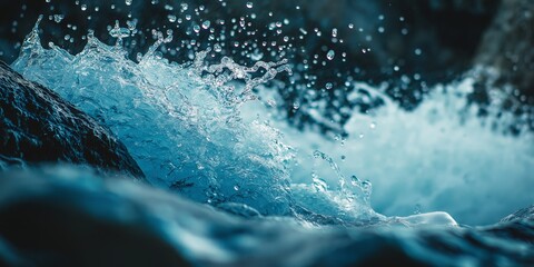 A dynamic close-up photograph capturing the energy of water as it splashes against rocks in a natural stream.