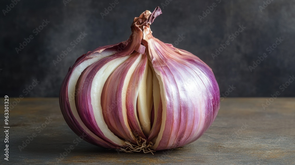 Poster Close-up of a Red Onion with Layers Partially Peeled Back