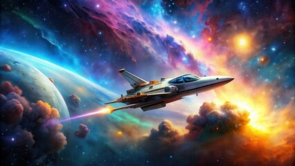 Spaceship flying in outer space with colorful nebula in the background, spaceship, flying, outer space