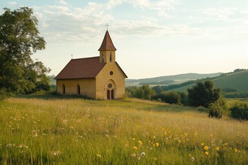 A charming old church stands peacefully in the countryside, surrounded by vibrant green rolling hills and open meadow.