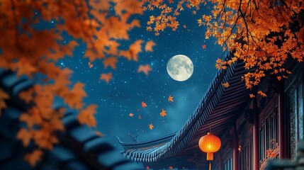 Full moon hangs over ancient Chinese building,maple leaves.Mid-Autumn Festival theme banner.