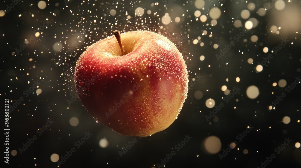 Poster red apple with water droplets and bokeh lights